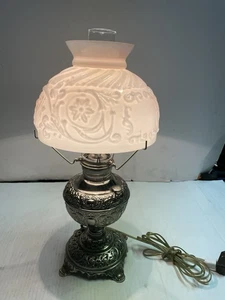 ANTIQUE NICKEL PLATED ORNATE E. MILLER NON-EXPLOSIVE OIL LAMP/SHADE ELECTRIFIED - Picture 1 of 10
