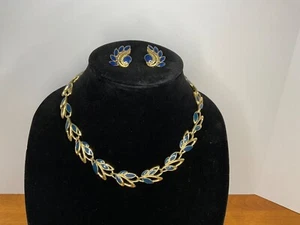 Vintage TRIFARI Fashion Necklace and Post Earrings - Blue on Gold - 16 to 18” - Picture 1 of 9