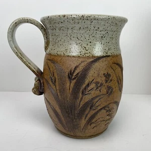 Pottery Glazed Pitcher Stoneware Brown Botanical Wheat Signed Vintage Mission - Picture 1 of 12