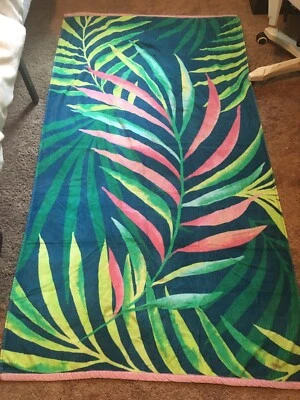 Lands' End Velour Beach Towel Pink Green Organic Leaves Flowers XXL  39x72” VTG Foto 1 de 4