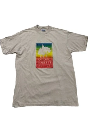 Vintage 90s National Forests Single stitch T Shirt Sz L ( M ) Rainbow Trees Gray - Image 1 of 4