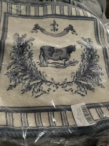 Aubusson style FRENCH COUNTRY Needlepoint Pillow Cover COW Blue White 19” New - Picture 1 of 5