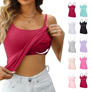 Women Cami Vest T-Shirt 2 in 1 Built in Bra Padded Camisole Tops With Shelf Tank - Picture 1 of 31