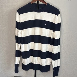 Pull pull homme Tommy Hilfiger grand bleu marine blanc rayure bretonne tricot - Photo 1/11