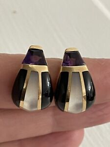 KABANA Curved Stud Earrings 14k Yellow Gold Amethyst Mother Pearl Onyx Inlay
