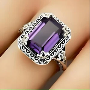 VINTAGE STYLE PURPLE LAB-CREATED SAPPHIRE 925 STERLING SILVER FILIGREE RING 1502 - Picture 1 of 3