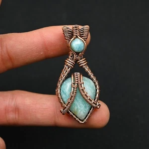 Amazonite  Gemstone Copper Wire Wrapped Pendant Handmade Designer Jewelry Gift - Picture 1 of 4