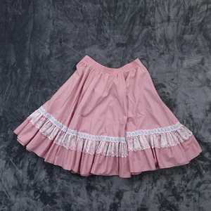 Vtg 80s Square Dance Circle Skirt Small Elastic Waist Pink Floral Lace Ruffle - Picture 1 of 10