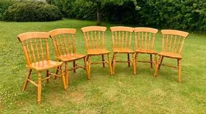 Set of 6 Vintage Farmhouse Slat Back Wooden Dining Chairs Made From Beech Wood - Picture 1 of 9