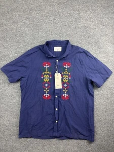 Folk Button Up Shirt Men's XL Blue Embroidered Short Sleeve Linen NWT $165 - Picture 1 of 7
