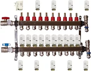 10 Loop Radiant PEX Plumbing Manifold 1" 304 Stainless Steel & 2 Wire Actuator - Picture 1 of 7