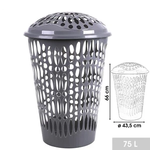 PLASTIC LAUNDRY BASKET LARGE WASHING CLOTHES STORAGE BIN ROUND SILVER 75 LITRE   - Picture 1 of 3