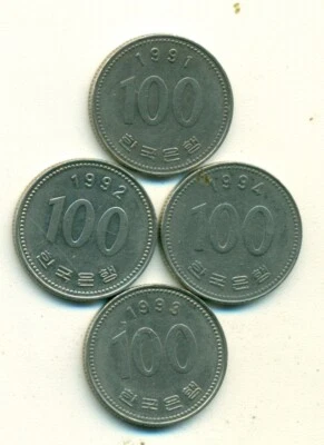 4 DIFFERENT 100 WON COINS from SOUTH KOREA (1991, 1992, 1993 & 1994) - Image 1 of 2