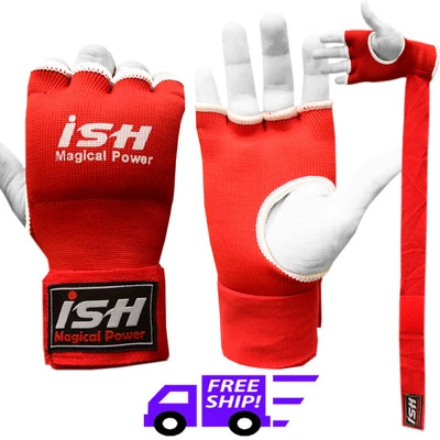 ISH SPORTS Boxing MMA Inner Gloves with Hand wraps Bandages Gel Foam Padded Muay Thai Red