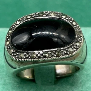 ANELLO DONNA ARGENTO 925 ONICE OVALE NATURALE LISCIO NERO VINTAGE MADE IN ITALY. - Foto 1 di 11