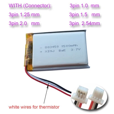 3.7V 1500mAh Rechargeable NTC Thermistor Li Lipo Battery 803450 JST 3pin Plug - Image 1 of 4