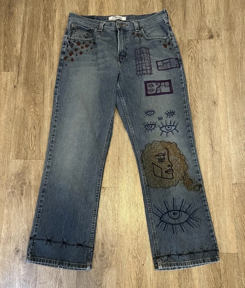 Urban Up Jeans Mens 36x32 Blue Straight Leg Hand Painted Art Graphics Custom - Image 1 of 4