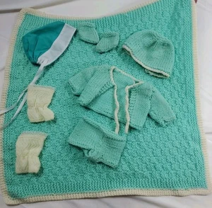 Vintage Baby Doll Sweater Shorts Bonnet Bootie Hand Knitted Blue Clothes Set - Picture 1 of 14