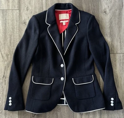 Banana Republic Piped Wool Blend Blazer Womens Size 10 Navy Blue Rib Knit Jacket - Image 1 of 4