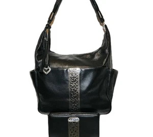 BRIGHTON CONTEMPO CAITLYN BLACK,BRONZE LEATHER LACE SHOULDER BAG WALLET SET $350 - Picture 1 of 22