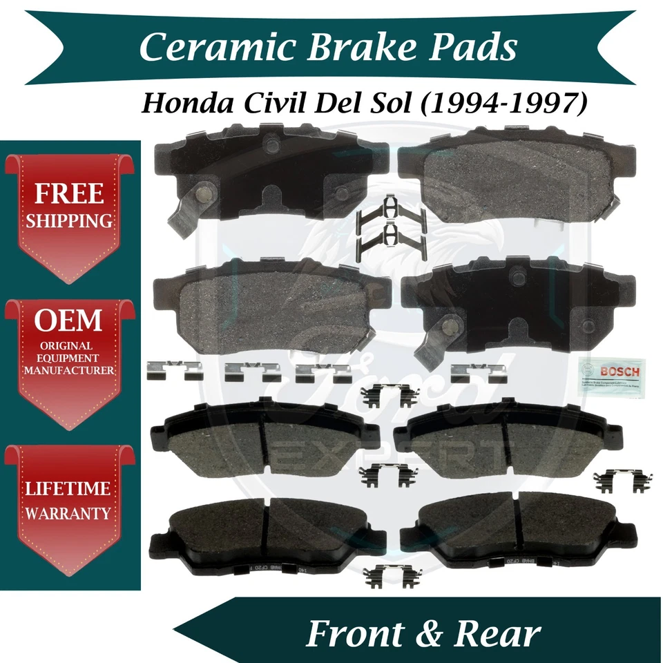 Kit de pastillas de freno delanteras y traseras de cerámica Bosch OEM para Honda Civic Del Sol 1994-1997 Foto 1 de 4
