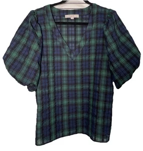 LOFT Ann Taylor Women's XL Watch Plaid Balloon Sleeve V-neck Navy Green - Bild 1 von 4