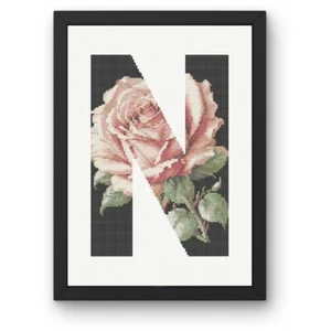 Pink Rose on Black N Monogram Cross Stitch Pattern/Chart, Initial Letter - Picture 1 of 2