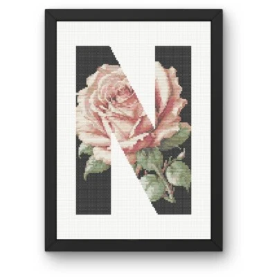Pink Rose on Black N Monogram Cross Stitch Pattern/Chart, Initial Letter - Image 1 of 2
