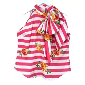 NY&C Pink White Striped Cotton Blend Tank top with Neck Bow Womens Size XL NWT - Picture 1 of 10