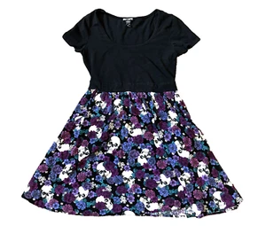 Hot Topic Mini Dress Women Medium Black Purple Floral Skull AOP Skater Goth Punk - Picture 1 of 9