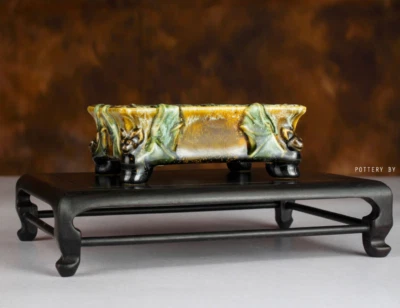 a pot for halloween, Ceramic bonsai pot, hand-carved bats, handmade 100% - Image 1 of 4