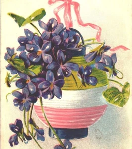 Hanging Flower Vase 1900s Postcard Pink Bow Violets Pretty Floral Embossed Card - Picture 1 of 3
