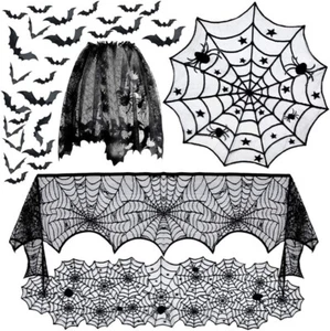 Lace Runner Halloween Spider Black Decorations Cobweb Tablecloth Round 5pack - Picture 1 of 7