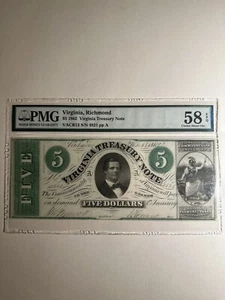 Virginia Richmond Treasury Nice $5 1862 Choice About Uncirculated 58 EPQ - Picture 1 of 2