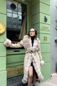 100% Alpaca Women's Winter Coat Real Fox Fur Long Overcoat Soft Stylish Beige - Picture 1 of 3