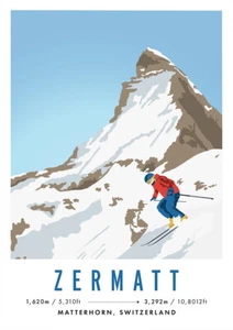 Póster de esquí de viaje vintage de Zermatt, Matterhorn Suiza - estampado artístico - Imagen 1 de 1