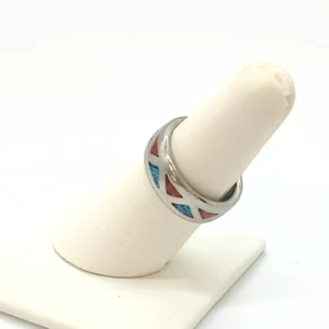 Crushed Turquoise & Coral Inlaid Ring 6.25 Silver Tone Eternity Band - Picture 1 of 8