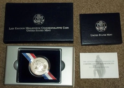 2000P LEIF ERICSON MILLENNIUM COMMEMORATIVE COIN SILVER DOLLAR, WITH COA - Image 1 of 2