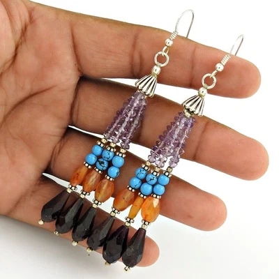 Solid Silver Turquoise Gemstone Amethyst Bezel Dangle Christmas Gift Earrings - Image 1 of 4