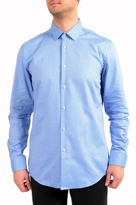 Camisa de vestir Hugo Boss para hombre "Isko" azul calce ajustado estampado geométrico manga larga Foto 1 de 4