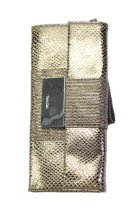 Calvin Klein Womens Leather Textured Snap Button Closure Clutch Gold - Picture 1 of 4