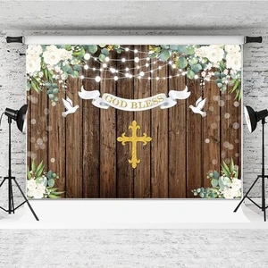 God Bless Baptism Backdrop First Holy Communion Rustic Wood Floral 7x5ft - Picture 1 of 6