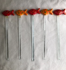 Vintage Barware 5pc Wood Fish Tropical Drink Stirrers Glass Swizzle Sticks - Picture 1 of 5