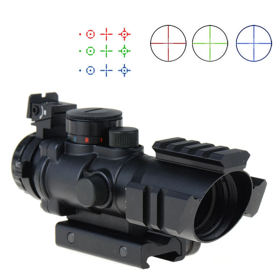 Optics 4X32 Red/Green/Blue Rifle Scope w/Picatinny Tri-illuminated Reticle Sight - Image 1 of 4