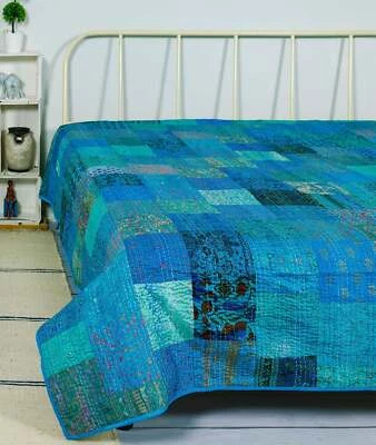 Nueva manta india hecha a mano vintage de seda con retazos tamaño doble Kantha edredón tiro Foto 1 de 3