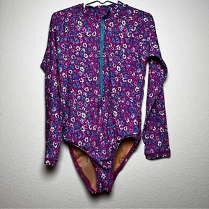 Crewcuts J. Crew Girls Rash Guard One Piece Swim 6-7 Purple Floral UPF 50 Beach - Picture 1 of 10