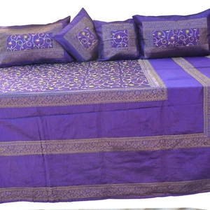Blue Silk Bed Cover Flat Sheet Sham Set Embroidered Full Queen from India - Picture 1 of 6