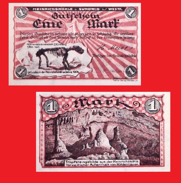 Germany  sundwig  1 mark  1920 - cave bear sceleton  * - Copy - Image 1 of 1