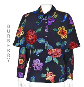 BURBERRY Black Silk Shirt with Vivid Lurex Flowers & Shoulder Cape SZ US 8-10 - Picture 1 of 5