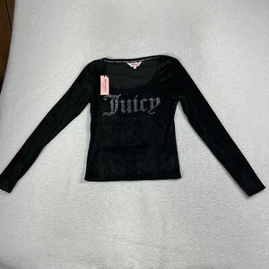 Juicy Couture Top NWT Black Velour Long Sleeve Medium W/ Bling Juicy Front $58 - Picture 1 of 7